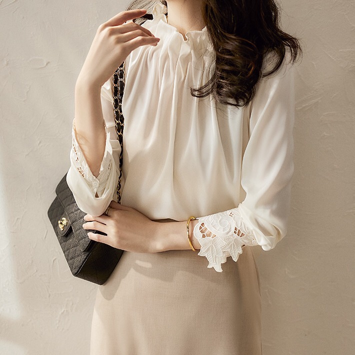 2024 Autumn Japanese Style Long Sleeve Shirt Elegant and Graceful Elastic Ruffle Collar Loose French Patchwork Cuff Shirt 2024 Autumn Japanese Style Long Sleeve Shirt Elegant and Graceful Elastic Ruffle Collar Loose French Patchwork Cuff Shirt