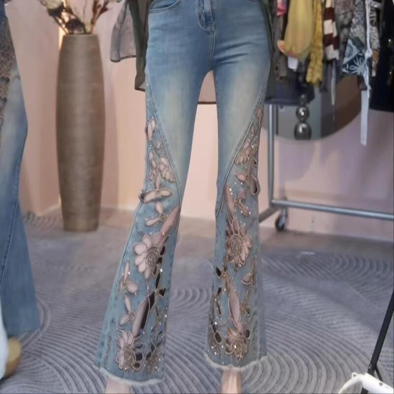 2026 Summer New Fashion Hollow Embroidery Rhinestone Jeans for Women, High-Waisted Slim-Fit Cropped Flared Pants 2026 Summer New Fashion Hollow Embroidery Rhinestone Jeans for Women, High-Waisted Slim-Fit Cropped Flared Pants