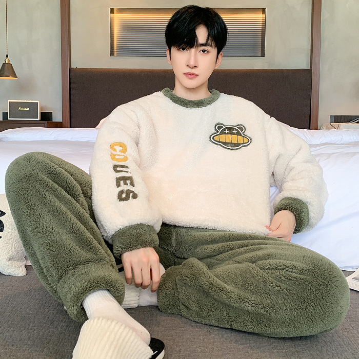 Pijamas de peluche de invierno para hombres guapo simple dibujos animados panda de peluche grueso ropa de casa de dos piezas