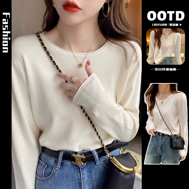 Женская белая трикотажная футболка с длинным рукавом, летняя новинка 2025 года, с круглым вырезом и внутренним слоем, которую можно носить как верхнюю рубашку.