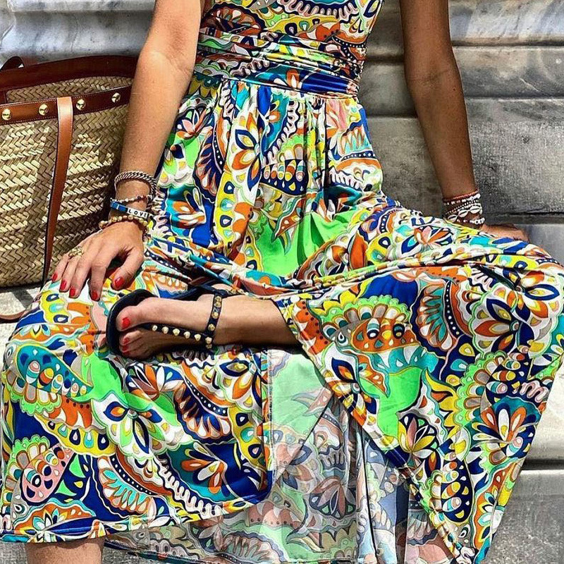 printed one-shoulder sleeveless bohemian long dress NSONF120047