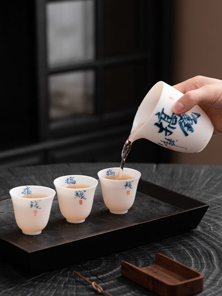 2F素燒羊脂白玉瓷功夫茶具蓋碗套裝家用辦公室會客手寫泡茶杯子