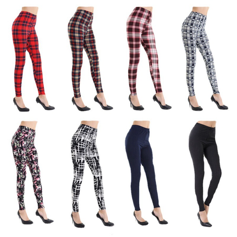 Amazon new European and American striped plaid printed yoga pants women's high waist slim leggings Yiwu stall wholesale