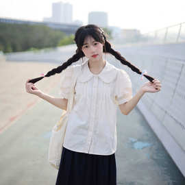 衬衫女夏装娃娃领泡泡袖设计感小众甜美超仙春日宽松上衣纯棉衬衣
