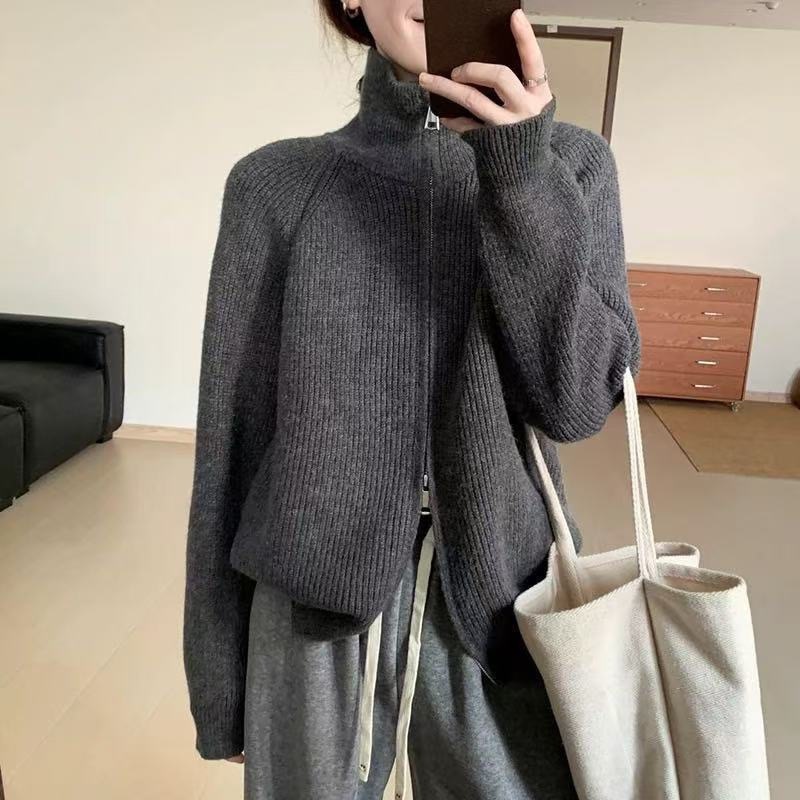 双拉链设计感毛衣开衫女跨境新款宽松坑条针织衫休息上衣外套女|undefined
