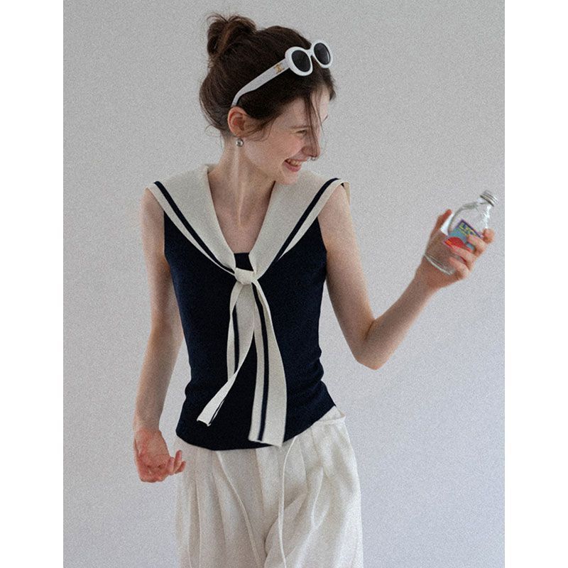 [Ready Stock] Jomi Navy Collar Tie Slim Fit Knitted Vest for Women Summer Korean Style Slimming Sweet Sleeveless Top