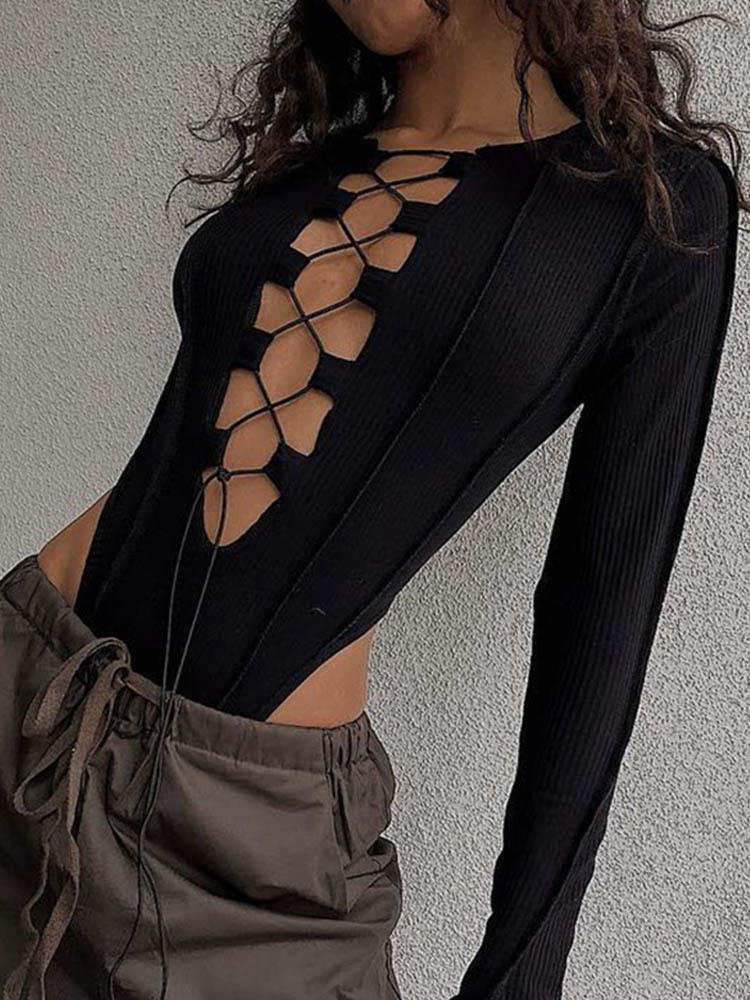 Estilo europeo y americano Comercio exterior ins moda ropa de mujer sexy Big V hueco encaje-arriba revés coche pit SLIM-Fit mono de manga larga para las mujeres