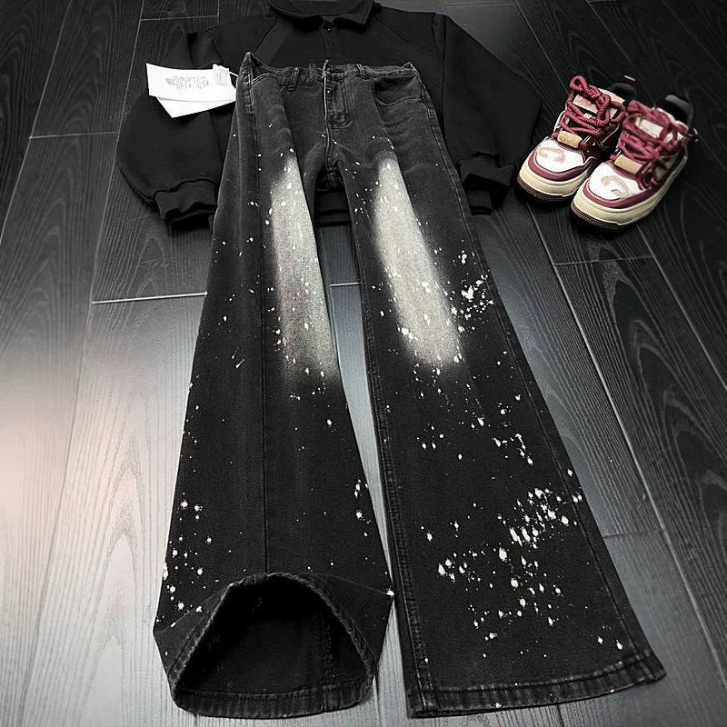 Men's Black Washed Denim Jeans Clean Fit Straight Leg Paint Splatter Print Vintage High Street Vibe Versatile Styling Base_voghion.com