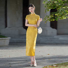 高级感黄色旗袍裙长款2026夏季复古国风年轻女士提花旗袍连衣裙女
