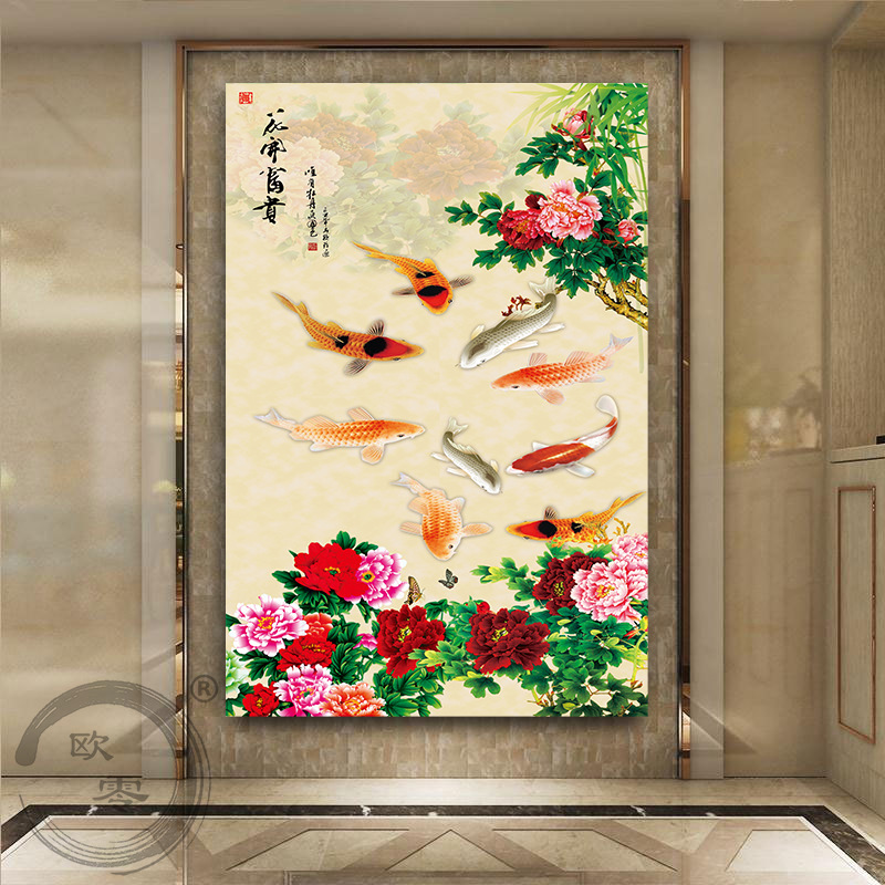 九魚図装飾画招財風水客間廊下通路入戸玄関壁画ハスの花竹壁貼り掛け絵|undefined