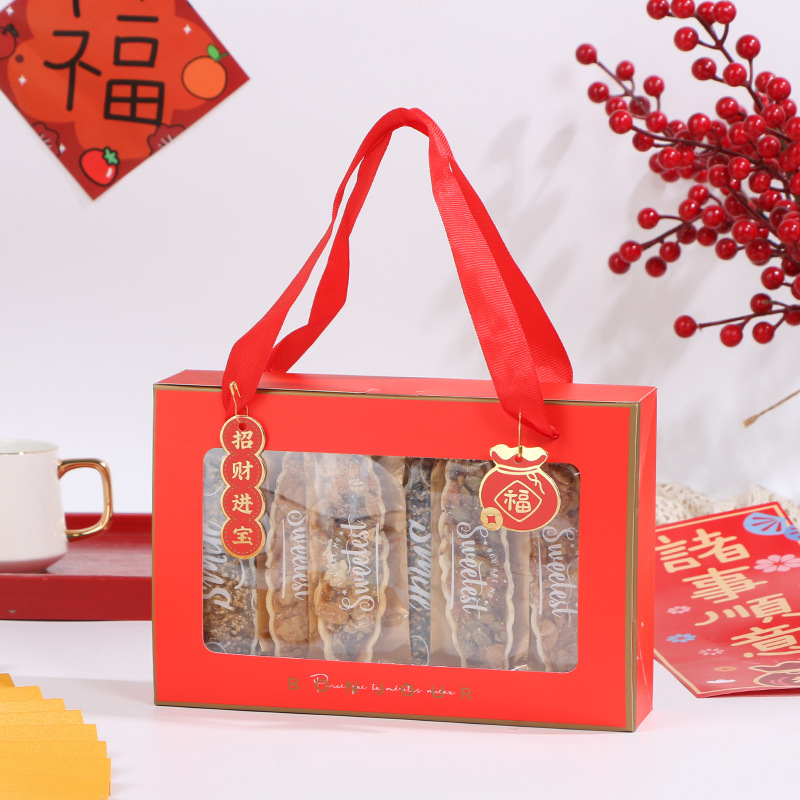 Ventana abierta transparente rojo Año Nuevo Caja de galletas portátil para hornear copo de nieve caja de dulces crujientes pastelería arroz glutinoso caja de barco