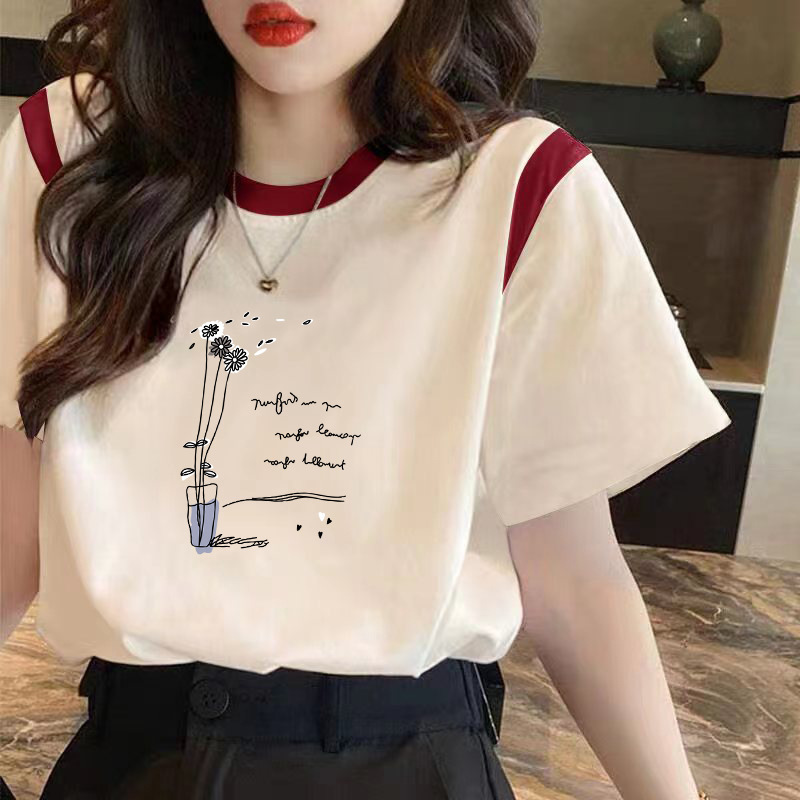 Shoulder Short-sleeved T-shirt Women's Loose chubby girl Belly Covering Cotton T-shirt 2024 Summer plus size Contrast Color Half-sleeved Top INS