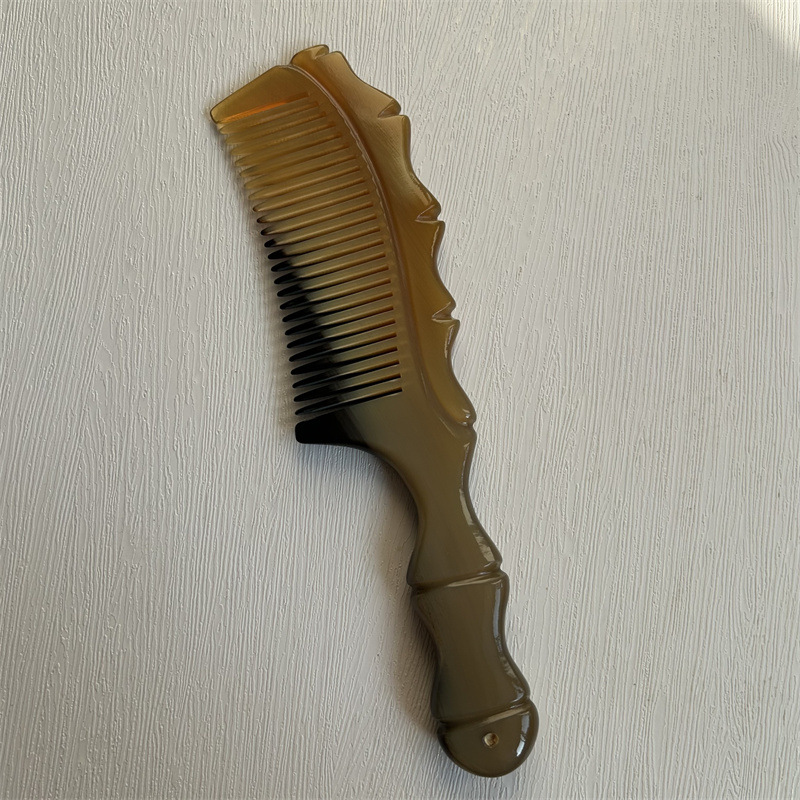 Horn Comb with Bamboo Joint Handle Hand Carved Fine Teeth Guasha Meridian Massage Comb 20cm preparation