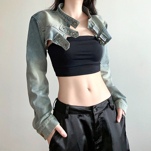 Feeling, personality, ultra-short denim short coat, women's spring and summer new all-matching slimming hot girl blouse jacket, trendy