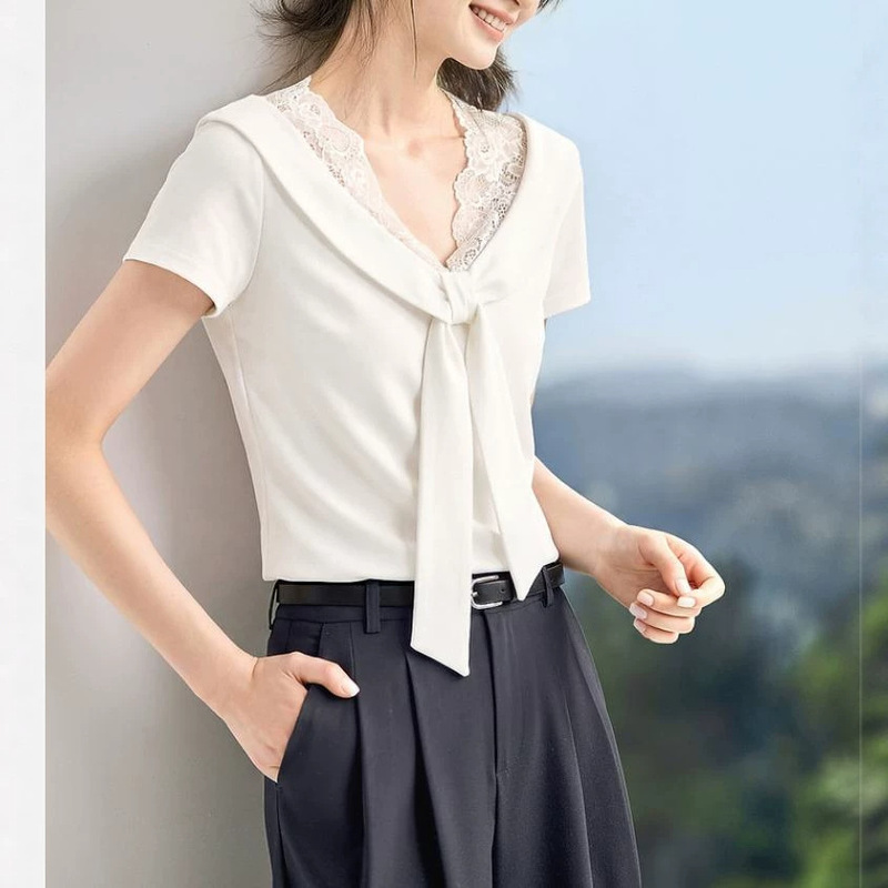 Soft Nautical Style 2026 Summer New Model Patchwork Lace Navy Collar Tie-Up Regular Shoulder Fitted T-Shirt Soft Nautical Style 2026 Summer New Model Patchwork Lace Navy Collar Tie-Up Regular Shoulder Fitted T-Shirt