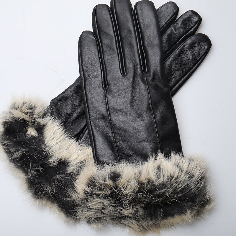 冬黑色单色冬季女骑行现货保暖手套獭兔毛口加绒防寒真皮羊皮手套