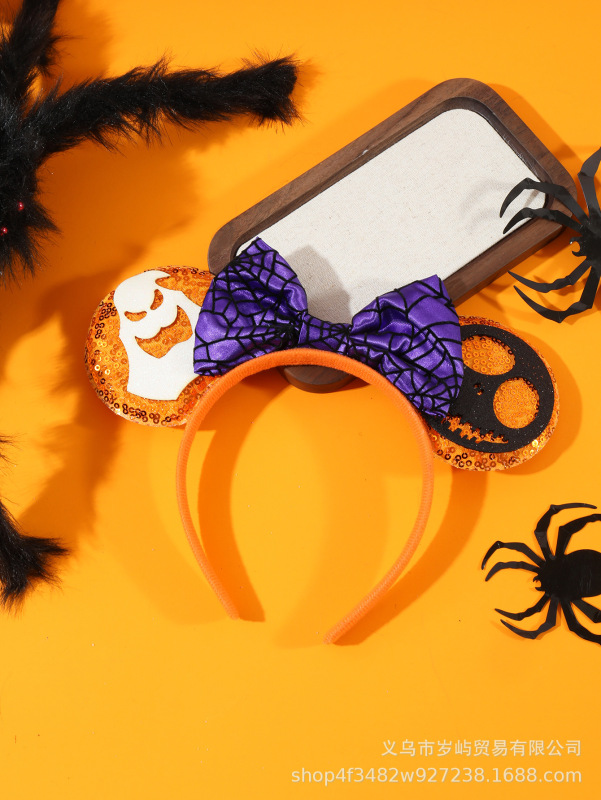 ハロウィンプリントクモの巣カボチャサテンかわいいQバージョンミッキー耳リボンヘッドバンドヘアアクセサリー|undefined