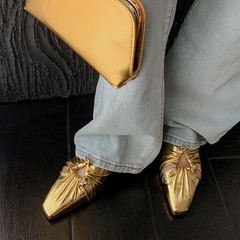 金色包頭穆勒拖鞋女涼拖鞋夏季新款里外全皮方頭低跟女涼拖鞋大碼