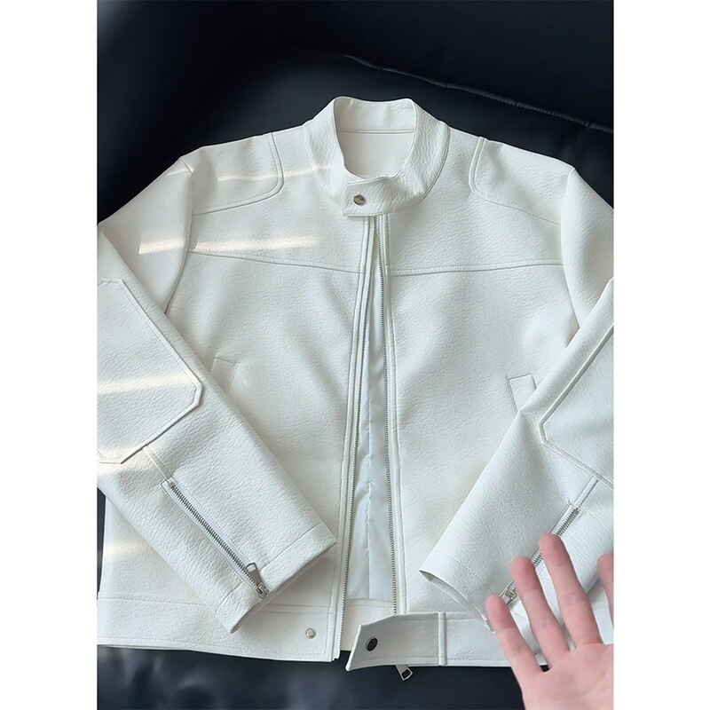 White straight-shoulder stand-collar leather jacket for men, spring and autumn, American retro style, short biker jacket, high-end Harrington jacket White straight-shoulder stand-collar leather jacket for men, spring and autumn, American retro style, short biker jacket, high-end Harrington jacket