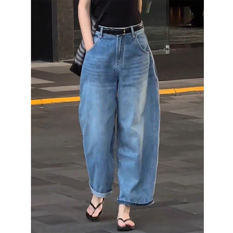 Washed Cropped Jeans for Women, Spring Season, Plus-Size, Petite, Loose High-Waisted, Slimming Straight Wide-Leg Pants for Petite Women