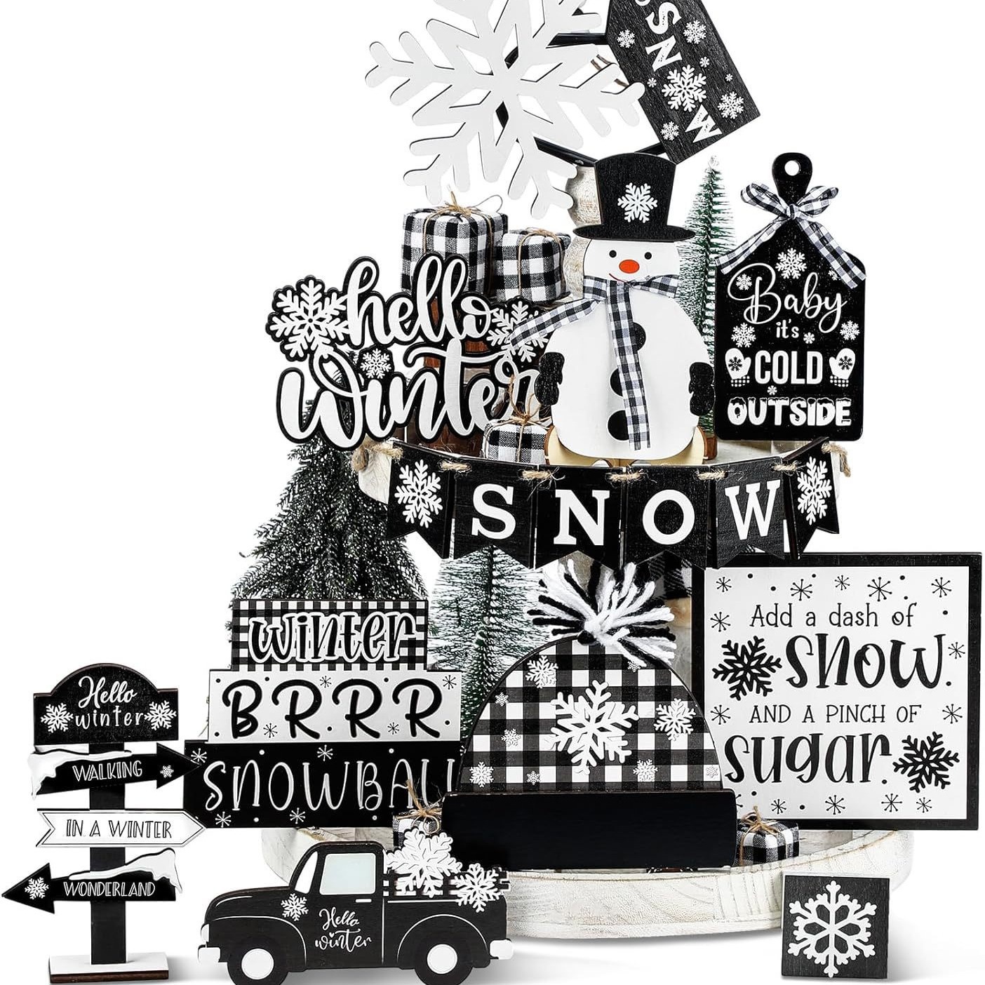 19-Piece Black and White Plaid Christmas Tiered Tray Decorations…