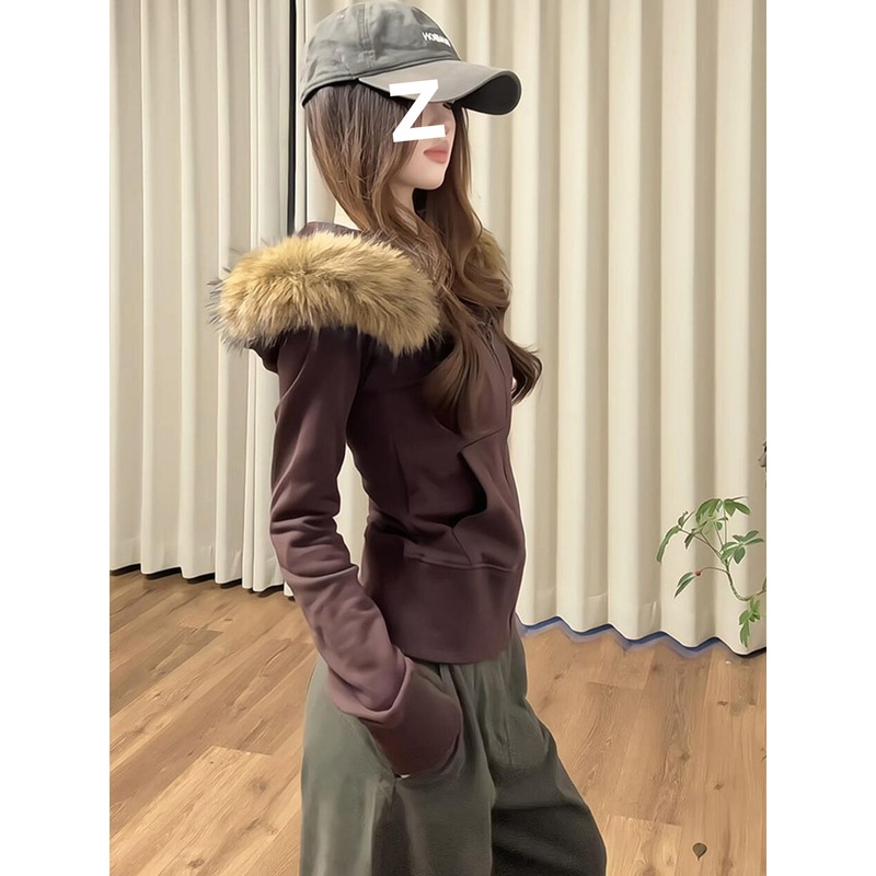 美式复古毛领拉链卫衣女修身显瘦春秋开衫连帽百搭学院风休闲外套|undefined