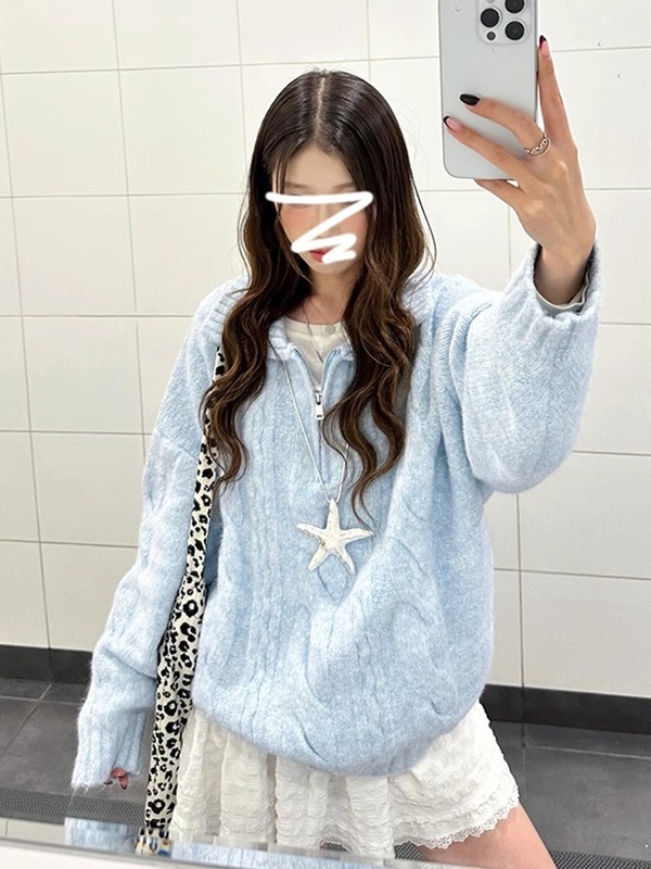 蓝色麻花翻领毛衣女2025新款奶fufu慵懒风韩系秋冬季穿搭针织上衣|undefined