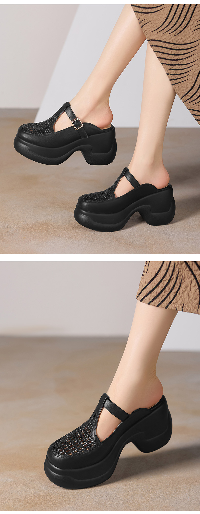 Dép sandal cao gót nữ quai đan gót thô đế dày 9.5 cm — đen chi tiết 7