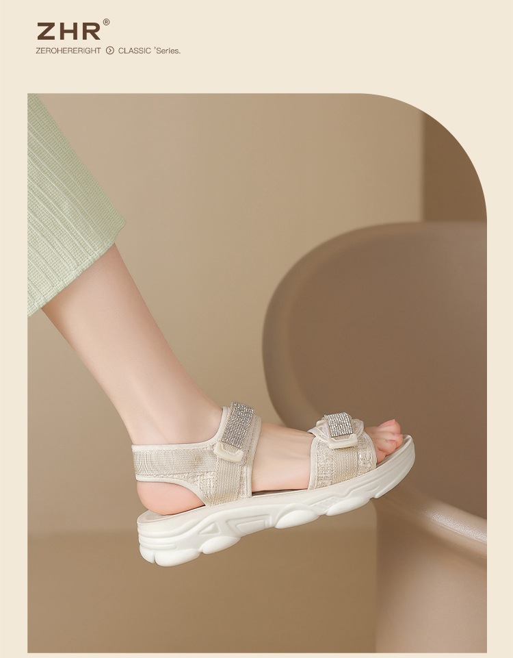 Sandal nữ đế dày quai dán đính đá phong cách thể thao — ES58 Màu be chi tiết 12