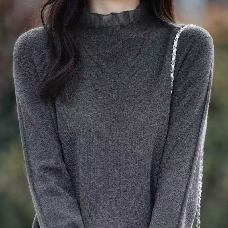 Designed Lace Half Turtleneck Imitation Wool Knitted Bottoming Shirt Top Women's Versatile Pullover Sweater Inner Wear