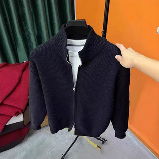 All-Match Solid Color Zipper Cardigan Men's Knitwear Autumn and Winter Explosions Slim-Fit Sweater Jacket Men's Vertical Collar Half-Height Outer Rim