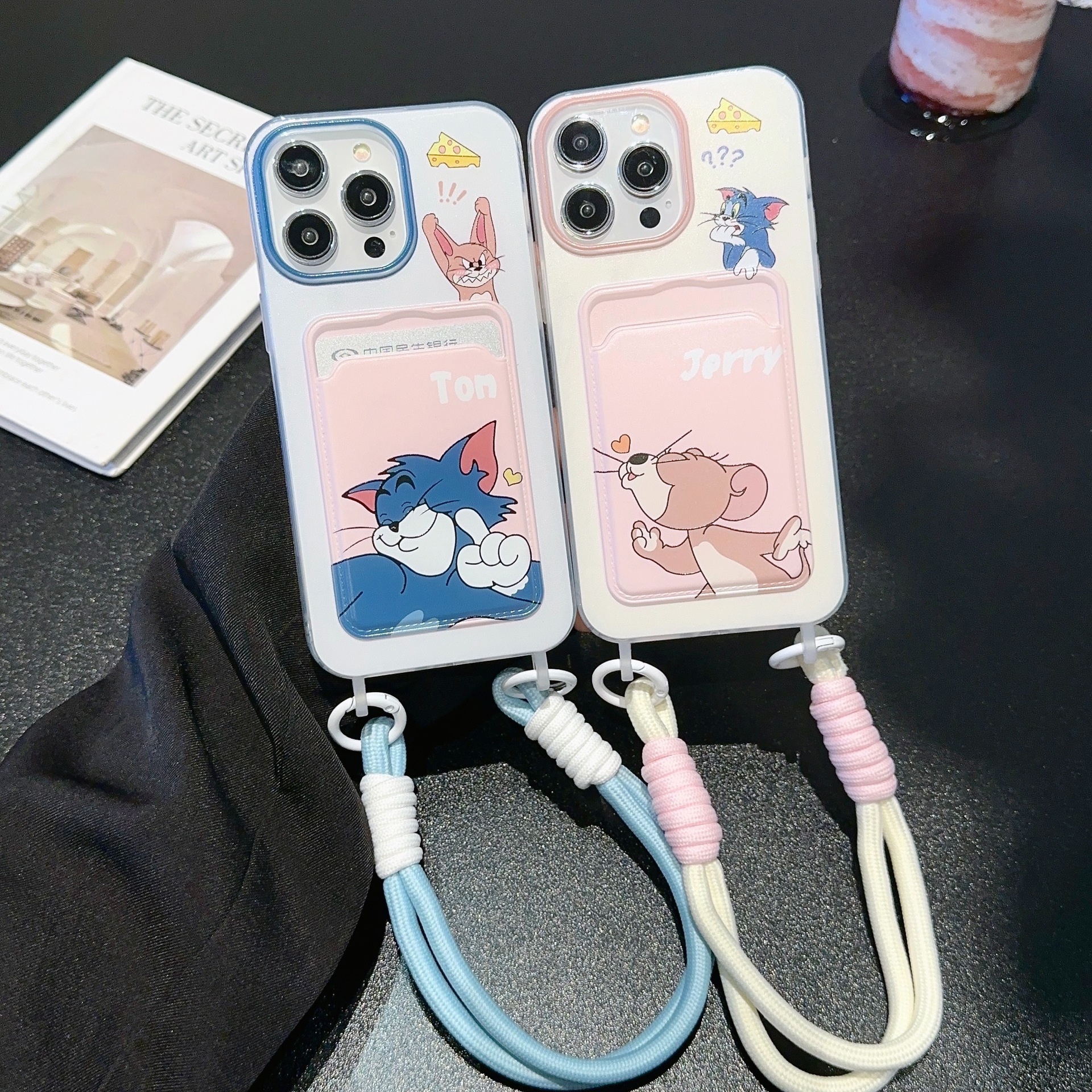 可爱猫和老鼠卡包适用iPhone16PROMAX手机壳14苹果15卡通11挂绳13