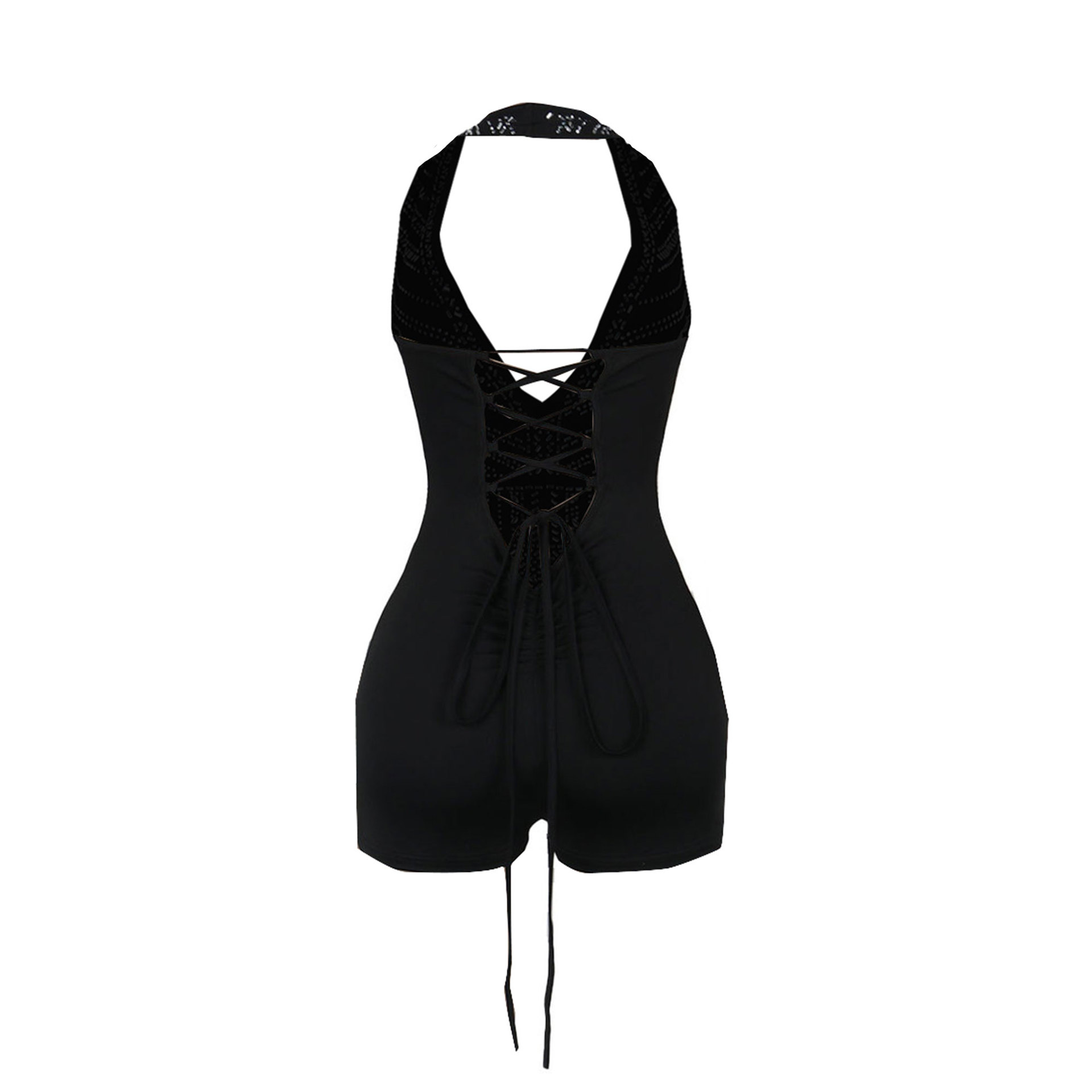 Combinaison short dos nu à bretelles et col licou pour femme avec diamants profonds_voghion.com