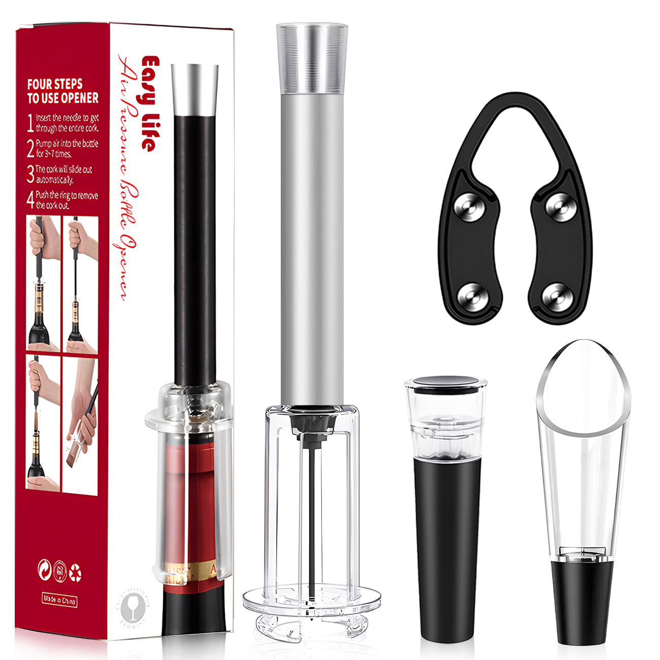 플라스틱 막대 알루미늄 헤드 실버 4피스 공기압 병따개 세트 색상 상자