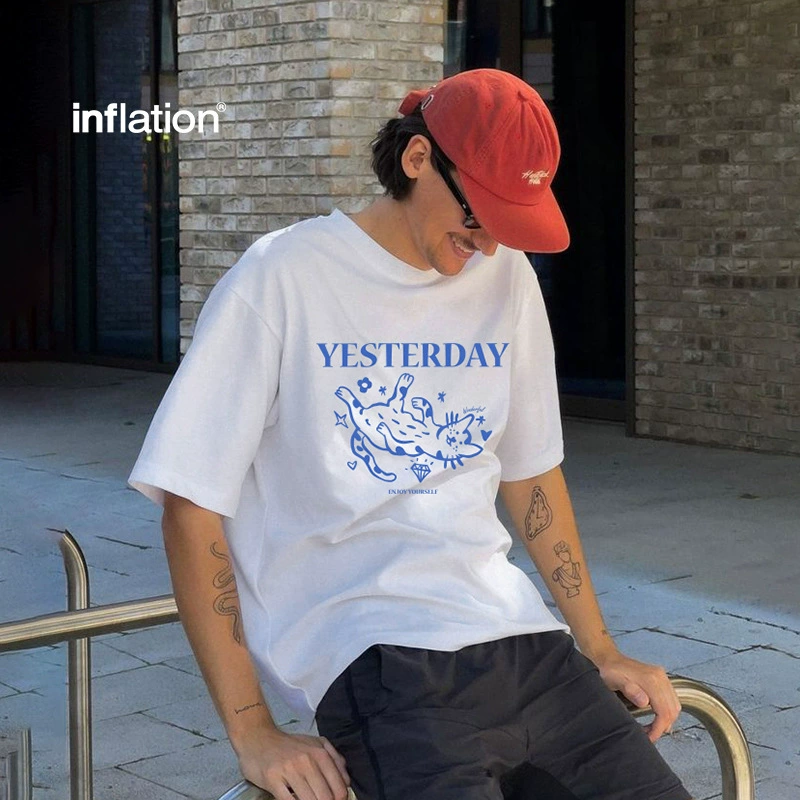 Jiezhan Мужская одежда | Бродячая кошка с пенистым принтом футболка весна и лето 2025 Новый американский тренд сине-зеленый мужчина с короткими рукавами