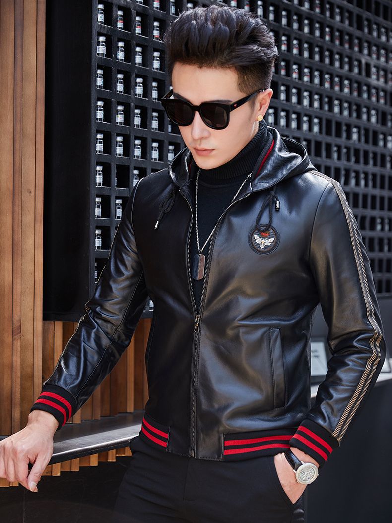 Sheepskin Genuine Leather Jacket for Men, Hooded Casual Wear, Thin Style for Spring and Autumn, Haining Leather Jacket, Single Jacket, Pure Leather