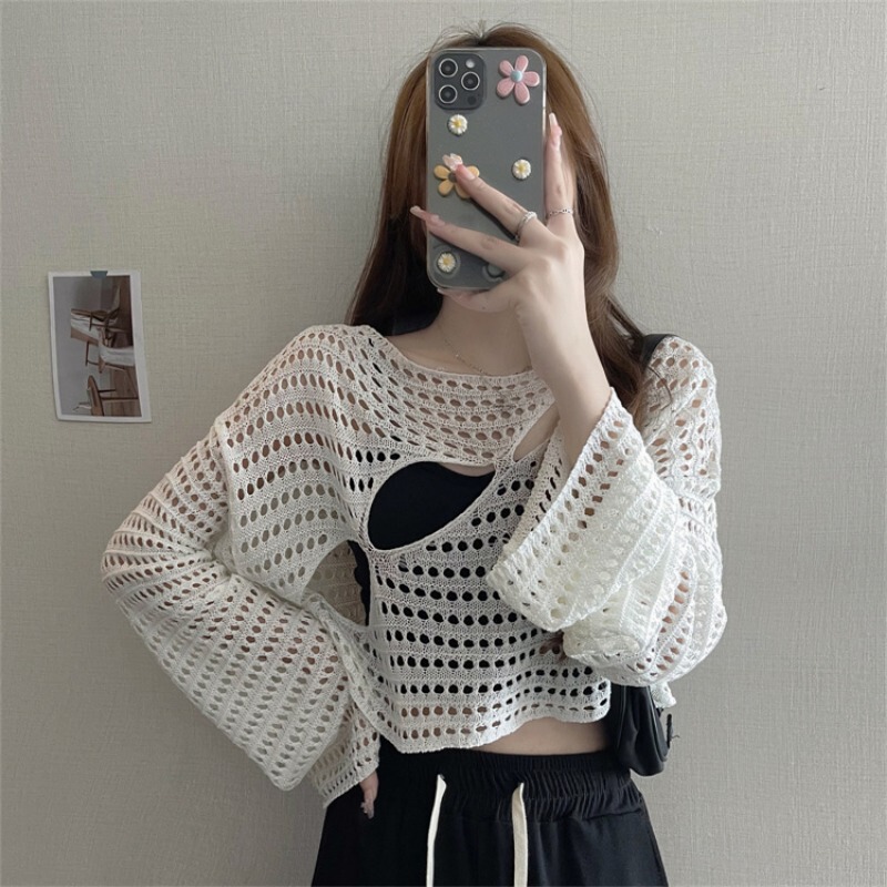 Hollow-Out Knit Sweater Cover-Up for Women, Mesh Ice Silk Sheer Outerwear, See-Through Short Style 2025 Early Spring Fishnet Top