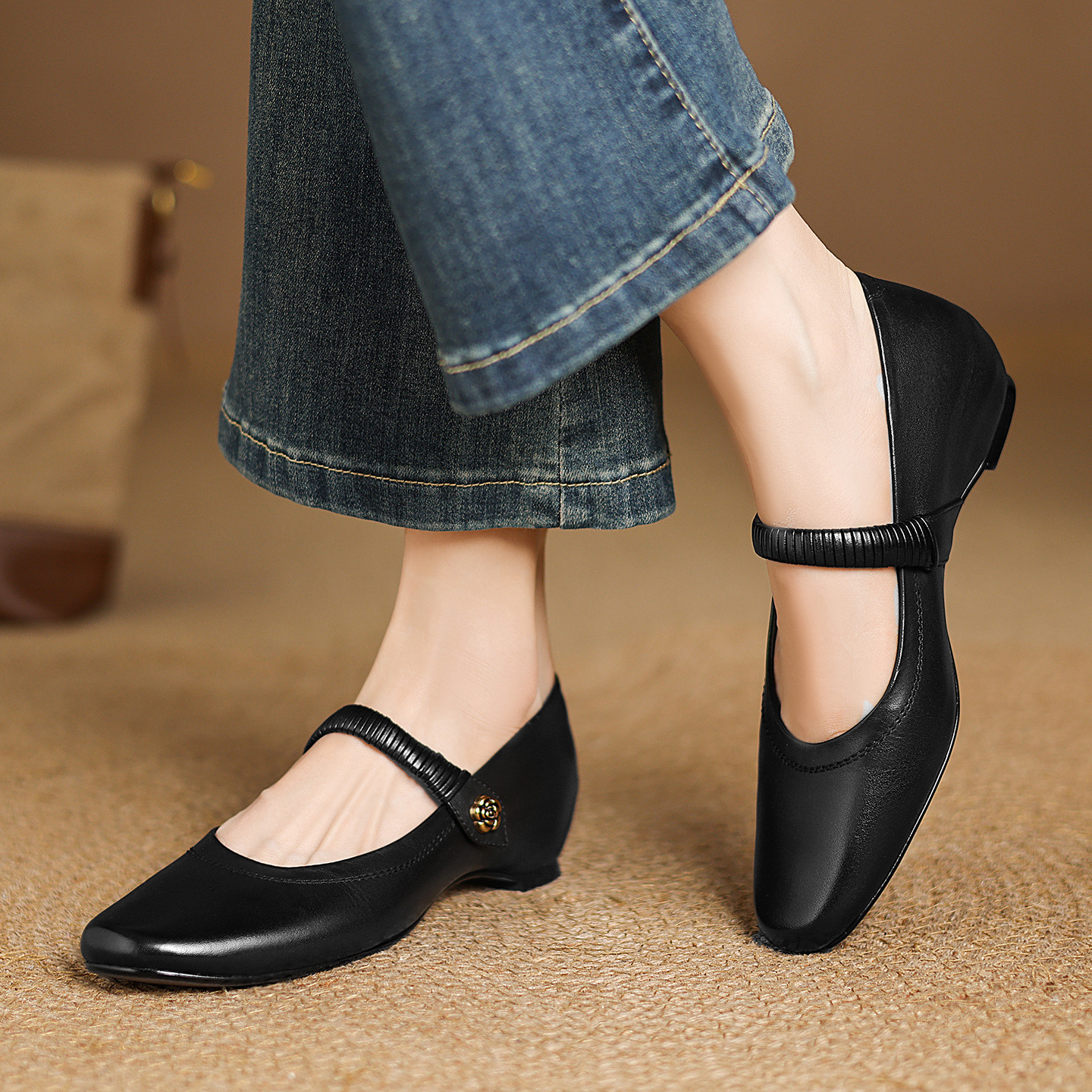 Giày Mary Jane nữ quai ngang gót thấp 4 cm, mũi tròn bít, phong cách cổ điển — màu nâu