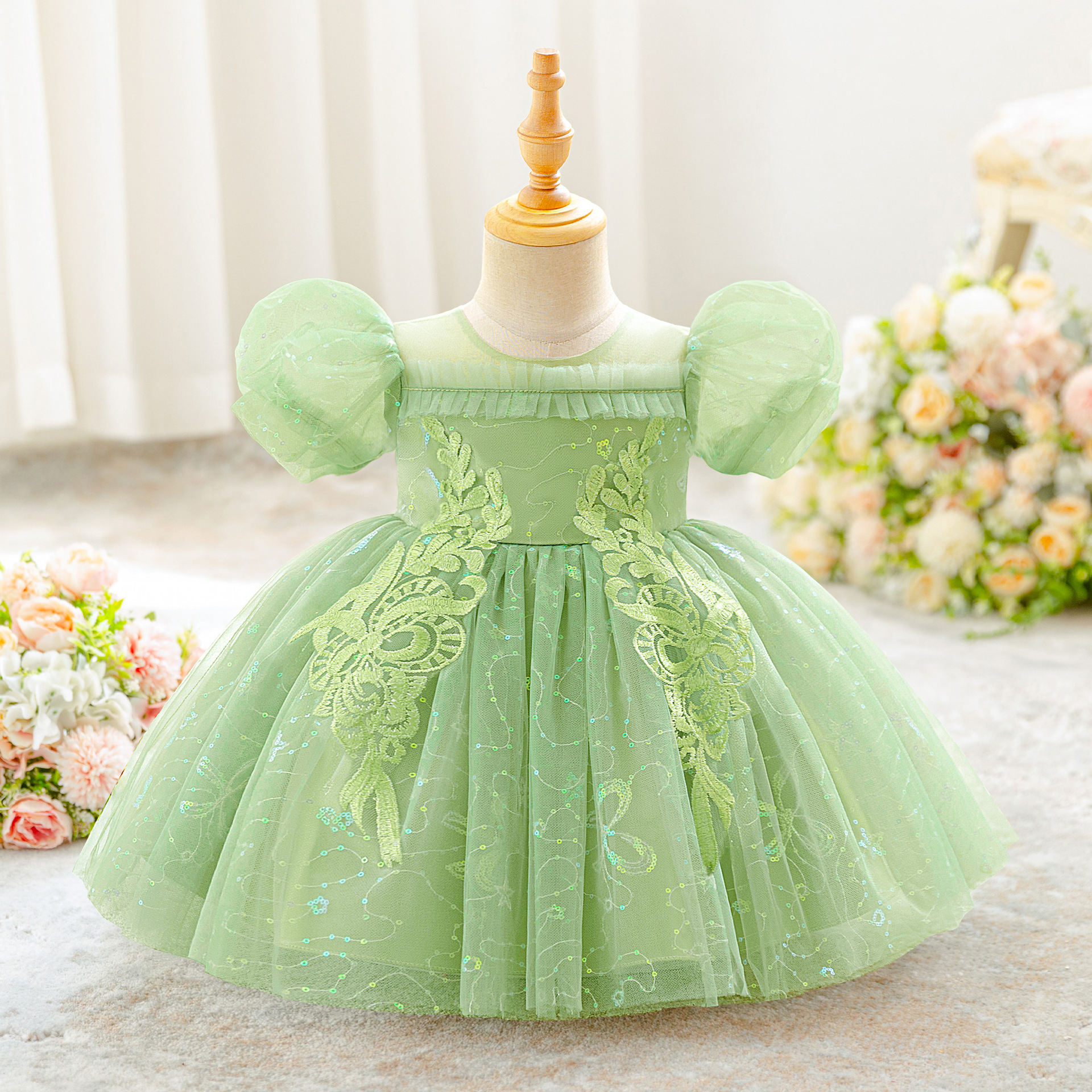 Vestido de niños vestido de princesa esquinilla burbuja manga malla floral niña vestido de fiesta vestido de aniversario bebé vestido de baño image 8