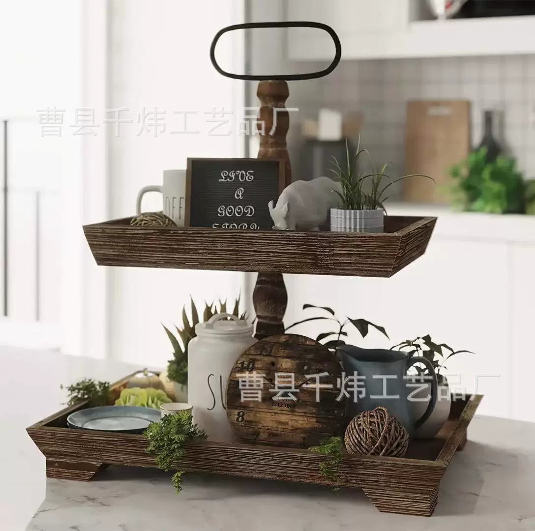 实木双层托盘展示架农舍复古方形木托盘餐厅蛋糕点心托盘水果盘