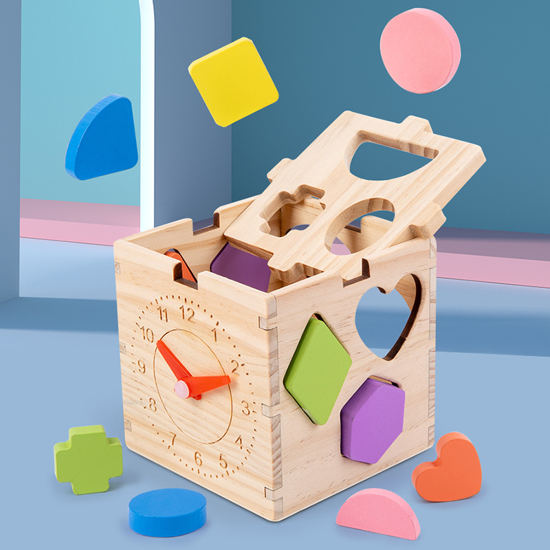 木质几何形状时钟智力盒 幼儿园早教益智配对认知积木儿童玩具