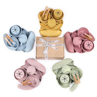 Cross-border Hot Selling Baby Silicone Food Supplemented Dinner Plate Bowl Fork Spoon Bib Seven Pieces Tableware suit Drop-resistant Suction Cup Partition