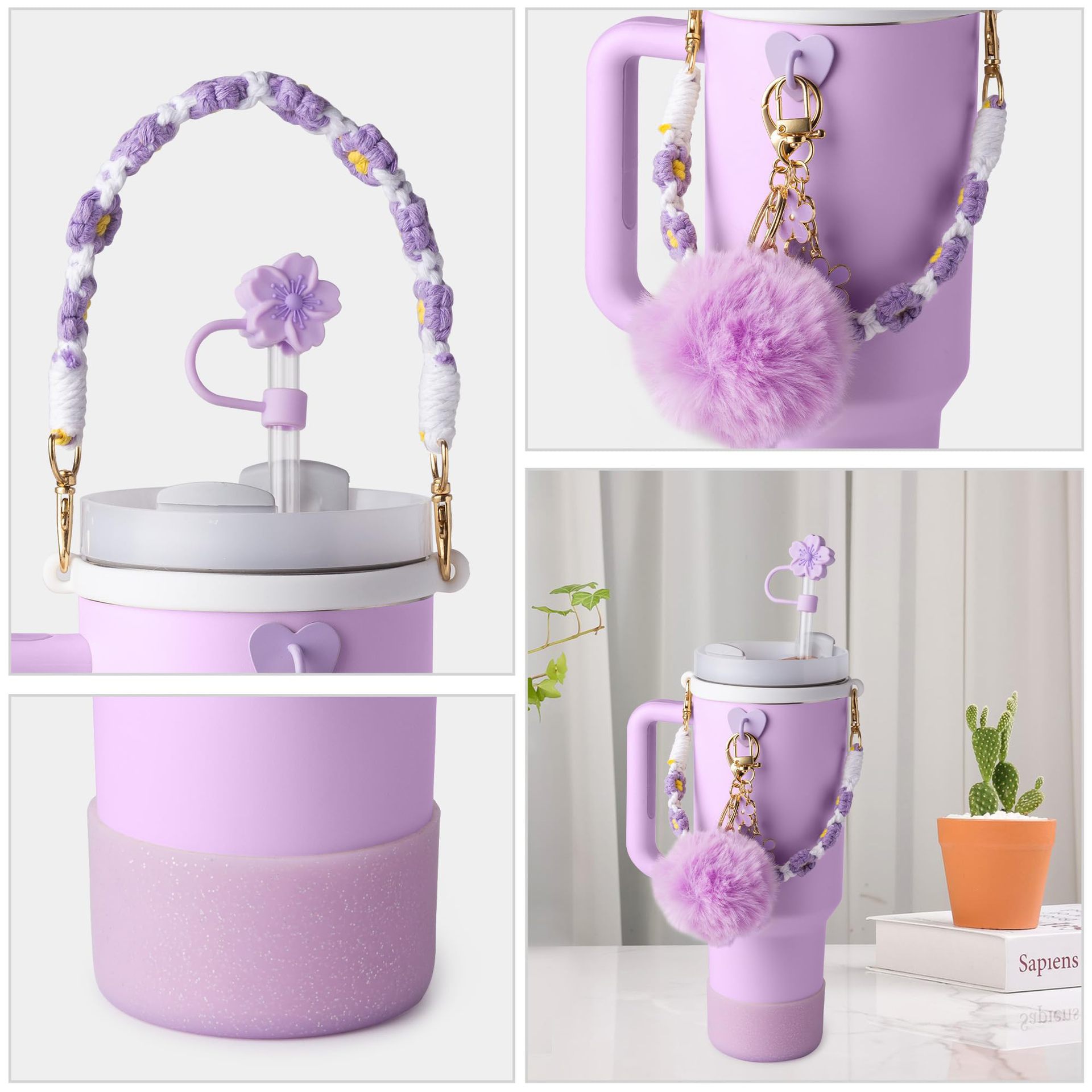 Nuevos productos Stanley taza de agua de mano cadena de taza de flores colgante de amor Begonia gorra de paja bola de peluche llavero