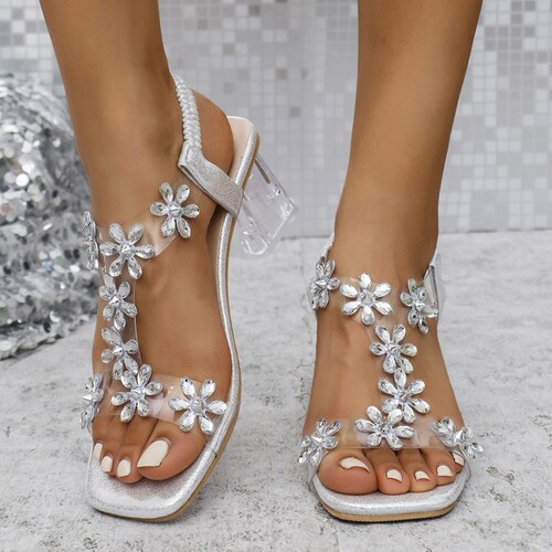 Foreign trade large size rhinestones butterfly sandals women  new square head crystal thick heel transparent high heels women