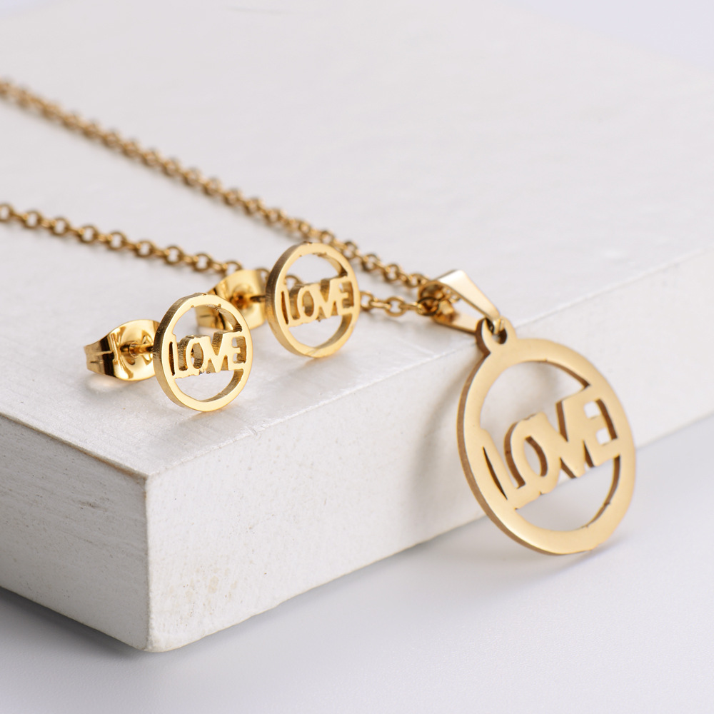 Titanium Steel Jewelry Heart Element Pendant Simple LOVE Earrings Necklace Set