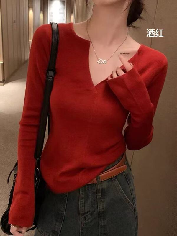 2025新款修身百搭V领针织打底衫女秋季薄款内搭毛衣长袖别致上衣|undefined