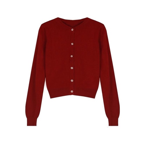 Korean-style advanced red round neck knit sweater for women, autumn lazy style loose casual short sleeve outerwear