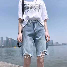 港味高腰五分牛仔短裤女直筒2021年夏季韩版新品显瘦破洞宽松中裤