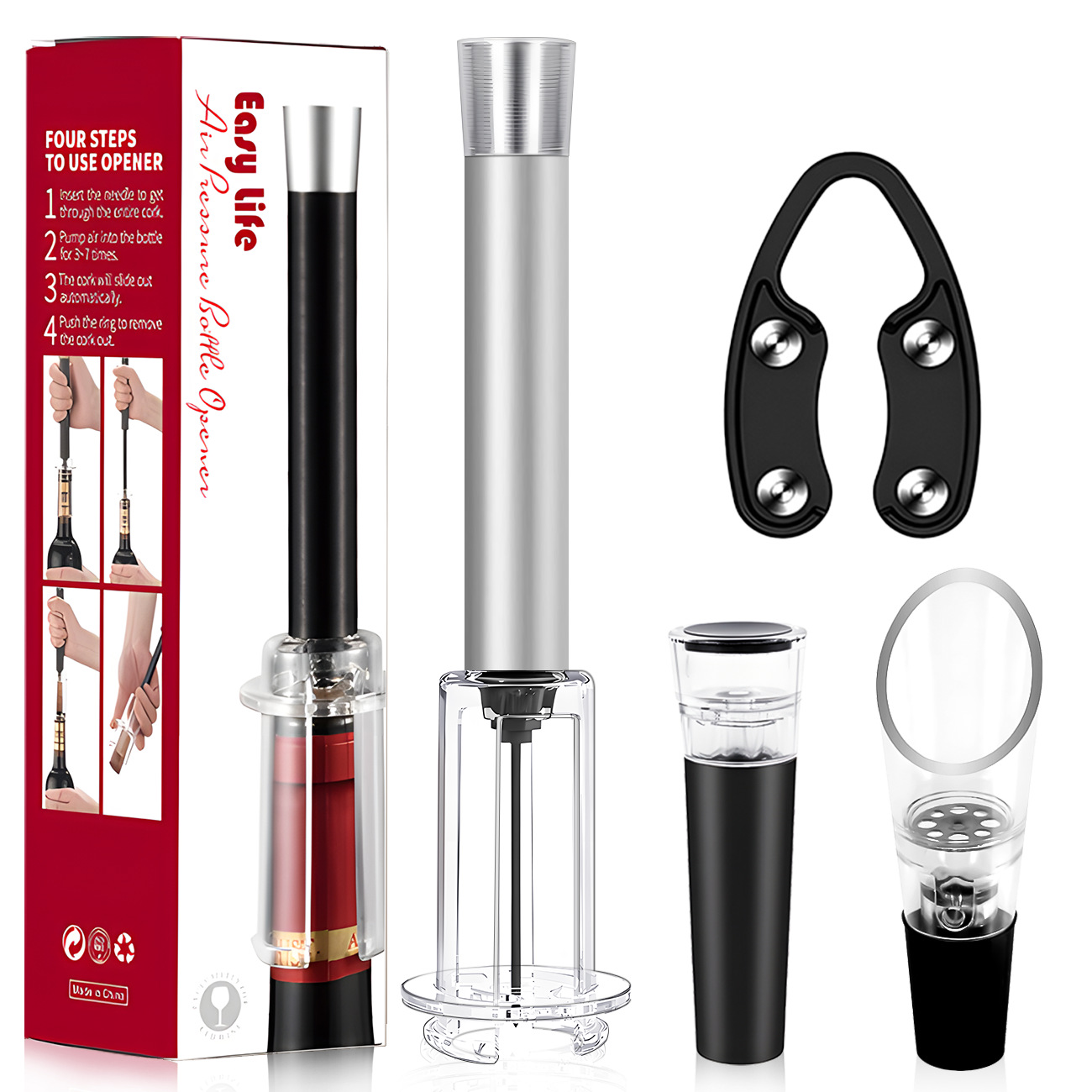 플라스틱 막대 알루미늄 헤드 실버 공기압 병따개 4개 세트(철 와인 푸어러) 색상 상자