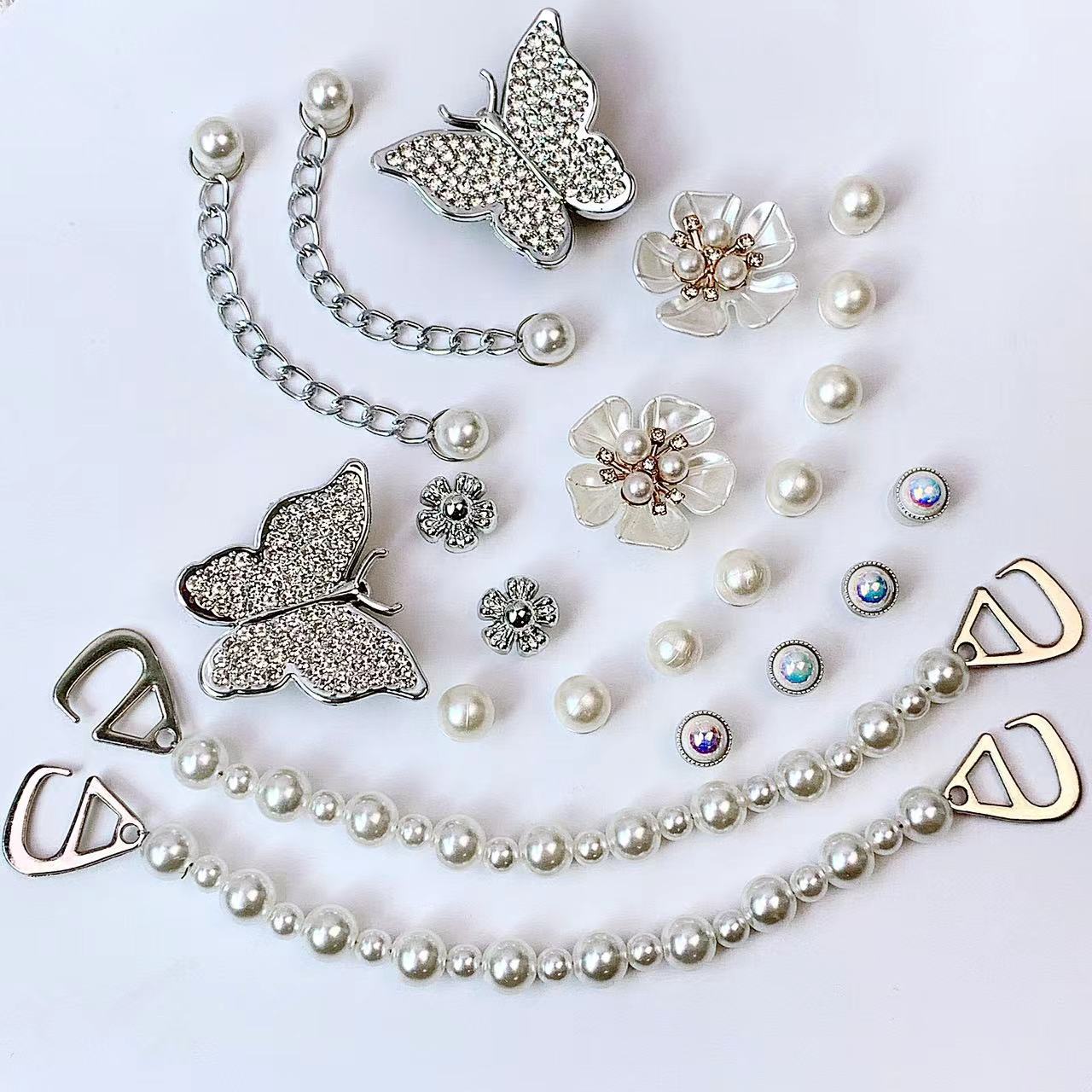 Transfronterizo nuevo agujero accesorios de bricolaje zapato flor zapato hebilla desmontable perla flor plata mariposa traje